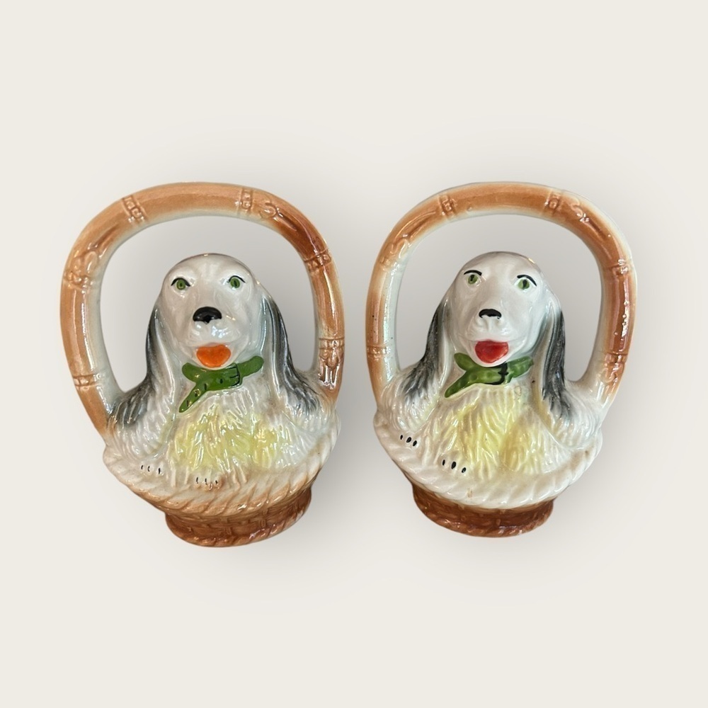 Vintage Dogs In Basket Set Of 2 Lusterware made in Brazil Cottagecore